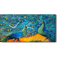Coloray Wandbild Leinwand Bilder mit Uhr 60x30 Malerei Tiere Vögel Pfauen Kunst - weiße Hände