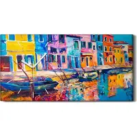 Coloray Wandbild Leinwand Bilder mit Uhr 60x30 Kunst Stadtgebäude Wasser boote Dorf - weiße Hände