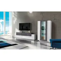 Möbelando Wohnwand Anbauwand Schrankwand Mediawand TV-Wand Wohnzimmerwand "Catania I" Weiß Hochglanz / Schiefer Nachbildung