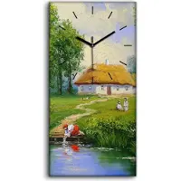 Coloray Leinwand Wanduhr Wandkunst Uhr Geräuschlos 30x60 Dorf Wasser Bäume Frau Hütten - schwarze Hände