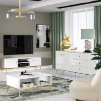Lomadox Lowboard Set mit Sideboard und Couchtisch in weiß Hochglanz GUBIN-131 edles Design mit goldenen Akzenten
