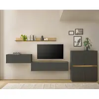 Lomadox Wohnwand anthrazit mit Eiche CRISP-61 modern 4-teilig mit Homeoffice-Lösung