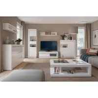 Lomadox Modernes Wohnzimmer Komplett Set in weiß Hochglanz, 7-teilig, inkl. indirekter Beleuchtung