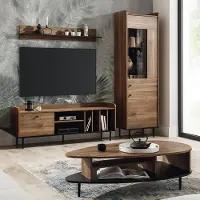 Lomadox Wohnwand mit 150 cm Lowboard, Vitrinenschrank, Wandboard und Couchtisch VAREDO-132 moderner Vintage Stil in Eiche Nb.
