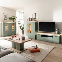 Lomadox Wohnzimmer-Set mit Fernsehschrank & Highboard mit LED-Beleuchtung, Grün mit Eiche, modern, 4-teilig - MOSTAR-05
