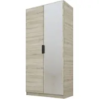 PAWS MÖBEL Kippbarer Sonoma eiche Kleiderschrank 100x52x200 cm, zweitüriger offener Kleiderschrank mit Spiegel, mit Einlegeböden und Kleiderbügel
