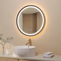 Aquabatos LED Touch Badspiegel 60 cm Badezimmerspiegel mit Beleuchtung Rund Spiegel Antibeschlag Dimmbar Mattschwarzer Aluminiumrahmen 6400K & 3000K
