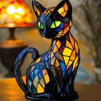 LAMON Katzen Lampe, Katzenlampe Mosaik, Nachttischlampe, USB Nachtlicht Katze mehrfarbig, vintage buntglas lampe, Bedside lamp, Schlafzimmer Deko Geschenk