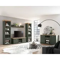 Lomadox Landhaus Wohnwand mit Sideboard CINCINNATI-61 in grün mit Wotan Eiche, mit Beleuchtung, B/H/T: 328/207/45cm