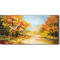 Coloray Dekor Leinwand Uhr Wandbilder Geräuschlos 60x30 Ölgemälde Wald Bäume Pfad Herbst - weiße Hände