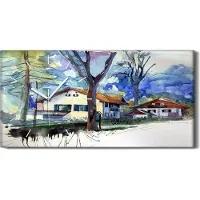 Coloray Dekor Leinwand Uhr Wandbilder 60x30 Gemälde Abstrakte Aquarell Bäume Häuser - weiße Hände