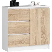 Akord Kommode JERRY Weiß 80 cm Tür 3 Schubladen 2 Ebenen Front Sonoma-Eiche B80 x H77 x T35 cm
