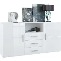 Vladon Sideboard Skadu, Kommode mit 2 Türen, 3 Schubladen und 1 offenem Fach, Weiß matt/Weiß Hochglanz (138,5 x 71,5 x 35 cm)