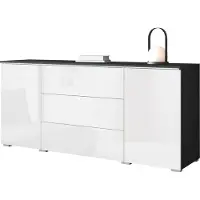 Mirjan 24 Kommode Vera, Griffloses Öffnungssystem, Sideboard, Stilvoll Highboard Schrank (Farbe: Matera / Weiß Hochglanz, mit weißer LED Beleuchtung)