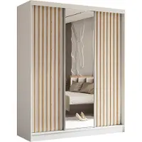 Masseno Schiebetürenschrank LAMELLO 180 cm Kleiderschrank Schlafzimmer Schrank 3-türig mit Spiegel und Lamellen Weiß