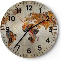 ARTTOR Wanduhr - Rund - Glasuhr - Welt Karte Kontinente Geographie - 30x30cm - Schleichendes Uhrwerk - Lautlos - zum Aufhängen bereit - Dekoration Modern - Wanddekoration aus Glas - C4AR30x30-2783