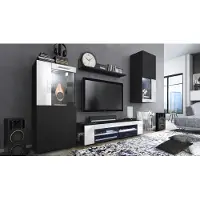 Vladon Wohnwand Movie, Anbauwand bestehend aus 1 TV-Board, 2 Vitrinen und 1 Regal, Schwarz matt/Schwarz matt/Weiß Hochglanz, inkl. LED-Beleuchtung weiß (Gesamt: 300 x 190 x 39 cm)