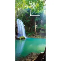 Wallario Design Wanduhr Wasserfall im Wald am See Idylle in Thailand aus Echtglas, Größe 30 x 60 cm