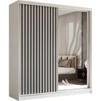 Masseno Schiebetürenschrank LAMELLO 200 cm Kleiderschrank Schlafzimmer Schrank 2-türig mit Spiegel und Lamellen Weiß