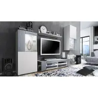 Vladon Wohnwand Movie, Anbauwand bestehend aus 1 TV-Board, 2 Vitrinen und 1 Regal, Weiß matt/Weiß matt/Avola-Anthrazit, inkl. LED-Beleuchtung weiß (Gesamt: 300 x 190 x 39 cm)