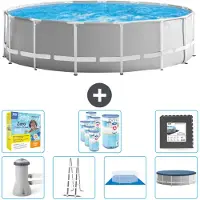 Intex Round Prism Frame Swimming Pool – 457 x 122 cm – Grau – inklusive Pumpe – Leiter – Bodenplane – Abdeckung Wartungspaket - Filter - Bodenfliesen