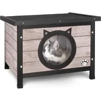 Markenlos Hölzernes Katzenhaus mit Asphalt-Dach und Katzenohren-Design, Katzenklo, 57x45x43 cm, Grau