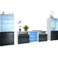 Vladon Wohnwand Granada, Anbauwand bestehend aus 2 Vitrinen und 1 TV-Board, Weiß matt/Schwarz Hochglanz inkl. LED-Beleuchtung (286 x 122,5 x 35 cm)