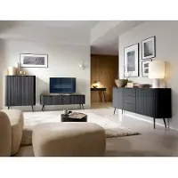 Lomadox Wohnzimmer Set 4-teilig mit Lowboard, schwarz gerillt, Metallfüße schwarz, ZARA-160