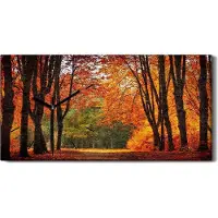 Coloray Wanduhr Bürouhr Leinwand Bild Geräuschlos 60x30 Gemälde Wald Bäume Herbst Natur - schwarze Hände