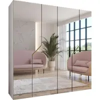 MEBLE KRYSPOL Schrank 200x202x52 cm mit Kleiderstange & Spiegel, 4xTür, ANDREW, Weiß, Griff Gold
