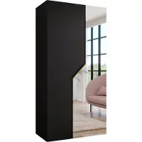 MEBLE KRYSPOL Schrank 100x202x52 cm mit Kleiderstange & Spiegel, 2xTür, ANDREW, Schwarz, Griff Gold