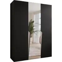 MEBLE KRYSPOL Schrank 150x202x52 cm mit Kleiderstange & Spiegel, 3xTür, PIANO, Schwarz, Griff Kaschmir