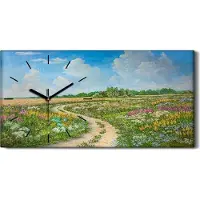 Coloray Dekor Leinwand Uhr Wandbilder 60x30 Malerei Wiese Blumen Bäume Himmel Wolken - schwarze Hände