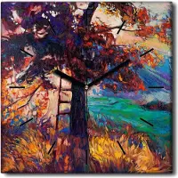 Coloray Uhr auf Leinwand 30x30 cm Wand Uhr Dekoration Wohnzimmer Segeltuch schwarze Hände -Herbstwaldlandschaft.
