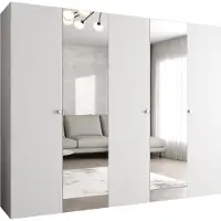 MEBLE KRYSPOL Schrank 250x202x52 cm mit Kleiderstange & Spiegel, 5xTür, PARMA, Weiß, Griff Silber