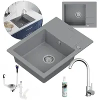 WAGRAN GranMaster Granitspüle Titanfarbe Set mit Stahlbatterie mit U-förmigem Auslauf, Professionelles Imprägniermittel und Platzsparender Siphon