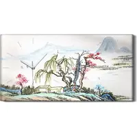 Coloray Wanduhr Uhr Wandbild Leinwand 60x30 Malerei Abstrakte Asiatische Bäume Berge - weiße Hände