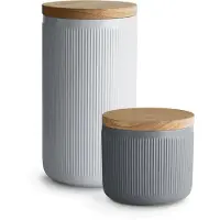 Springlane Keramik Vorratsdosen 2-tlg. Set mit Holzdeckel Stripes, Kautschukholz-Deckel, Aufbewahrungsdosen, Frischhaltedosen