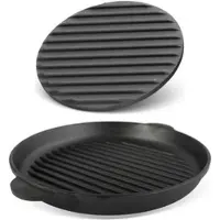 Brizoll Ø26cm Grillpfanne aus Gusseisen Bräter mit Pressdeckel Schmortopf zwei Griffe Servierpfanne Grill