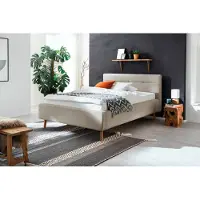 Meise Stauraumbett Lotte 140x200 cm | Bettkasten & Lattenrost | Webstoff Beige | Holzfuß eichefarbig