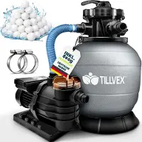 Tillvex Sandfilteranlage Pool 10 m³/h inkl. 800g Filterbälle grau | Filteranlage 7-Wege Ventil & 2in1 Adapter Ø32mm - 38mm | Poolfilter mit Druckanzeige | Sandfilter für Schwimmbecken