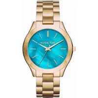 Michael Kors MK3492 Slim Runway 42mm Goldfarbene Edelstahl Damenarmbanduhr mit blauen Zifferblatt