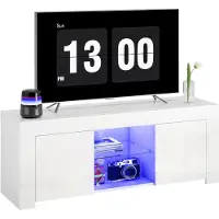 HOMCOM TV-Schrank mit LED-Beleuchtung, 2 Türen, Glasregal, Kabellöcher, Weiß