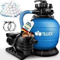 Tillvex Sandfilteranlage Pool Blau 13.200L/h bis 40.000L + 1200g Filterbälle | Filteranlage 7-Wege Ventil & 2in1 Adapter Ø32-38mm | Poolfilter Selbstansaugend | Sandfilter Schwimmbecken