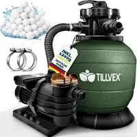 Tillvex Sandfilteranlage Pool Grün 13.200L/h bis 40.000L + 1200g Filterbälle | Filteranlage 7-Wege Ventil & 2in1 Adapter Ø32-38mm | Poolfilter Selbstansaugend | Sandfilter Schwimmbecken