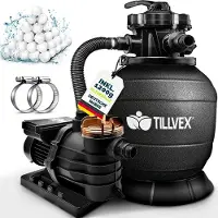 Tillvex Sandfilteranlage Pool Schwarz 13.200L/h bis 40.000L + 1200g Filterbälle | Filteranlage 7-Wege Ventil & 2in1 Adapter Ø32-38mm | Poolfilter Selbstansaugend | Sandfilter Schwimmbecken