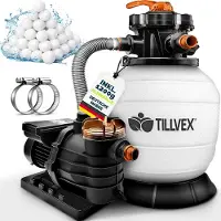 Tillvex Sandfilteranlage Pool Weiß/Orange 13.200L/h bis 40.000L + 1200g Filterbälle | Filteranlage 7-Wege Ventil & 2in1 Adapter Ø32-38mm | Poolfilter Selbstansaugend | Sandfilter Schwimmbecken