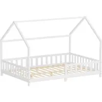 ML-Design Kinderbett 140x200cm mit Rausfallschutz, Dach & Lattenrost Weiß Montessori Bodenbett aus massivem Kiefernholz Hausbett für Mädchen & Jungen