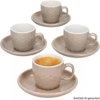 MamboCat 4er Set Hexa Espressotassen mit Untertassen Beige Keramik Relief Mokka