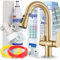 ARI Wasserfilter Set 3-Wege Küchenarmatur Nordic mit ausziehbarer Brause, 360° schwenkbar, Filteranschluss, Gold
